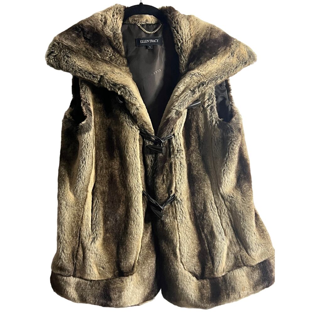 Ellen Tracy Brown Black Animal Print Faux Furr Vest with Collar Women's Large